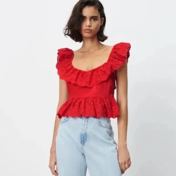 Zara Tops - NWT Zara Openwork Embroidered Top Red Eyelet Ruffle Small